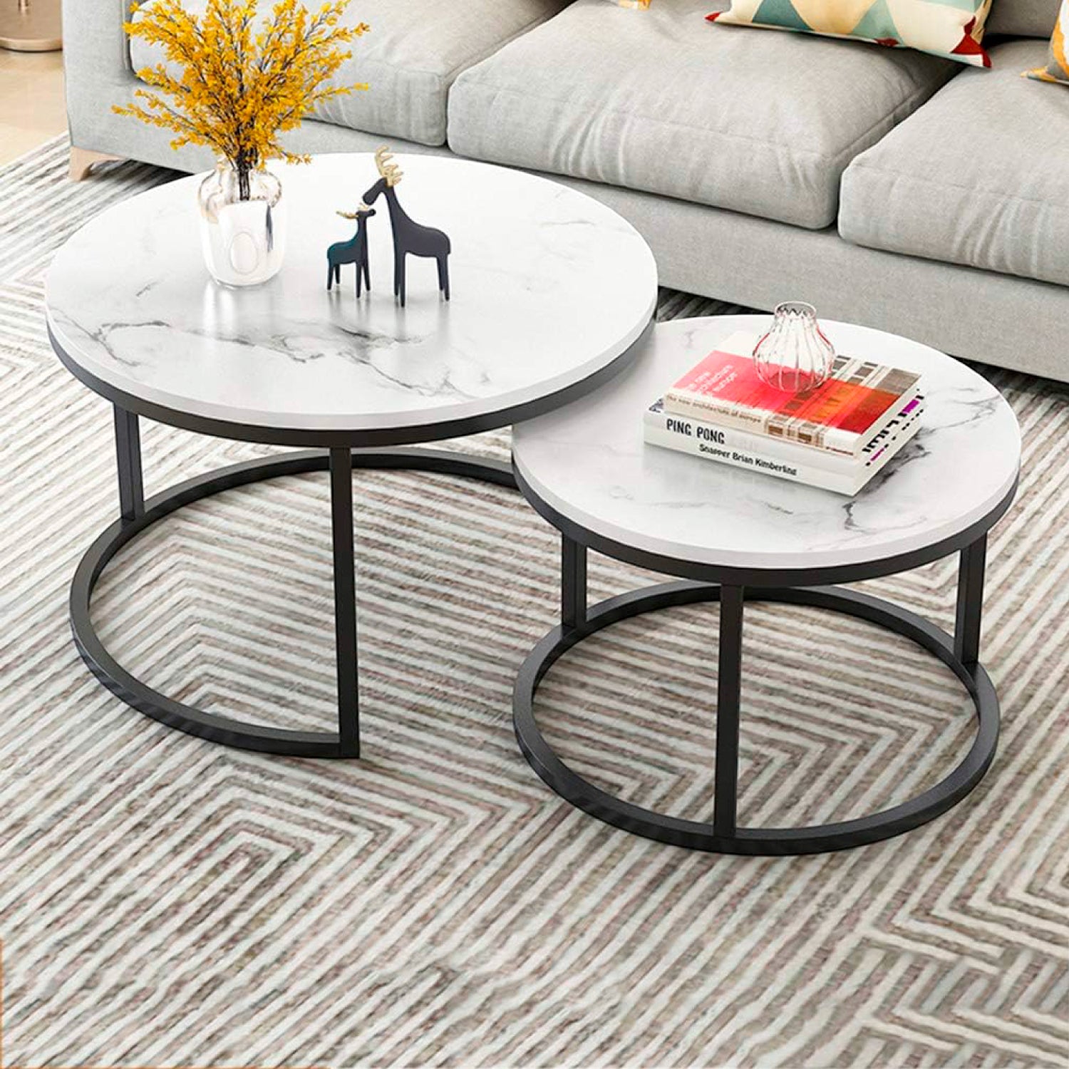 Juego de Mesas de Centro Anidadas - Diseño de Mármol y Base Negra