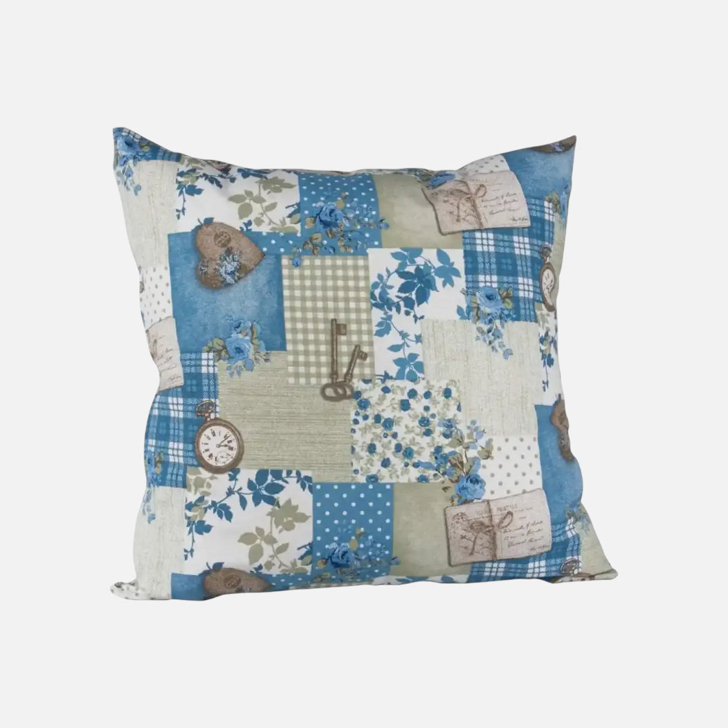 Cojín azul de lona española patchwork | mueblesamerica.cl