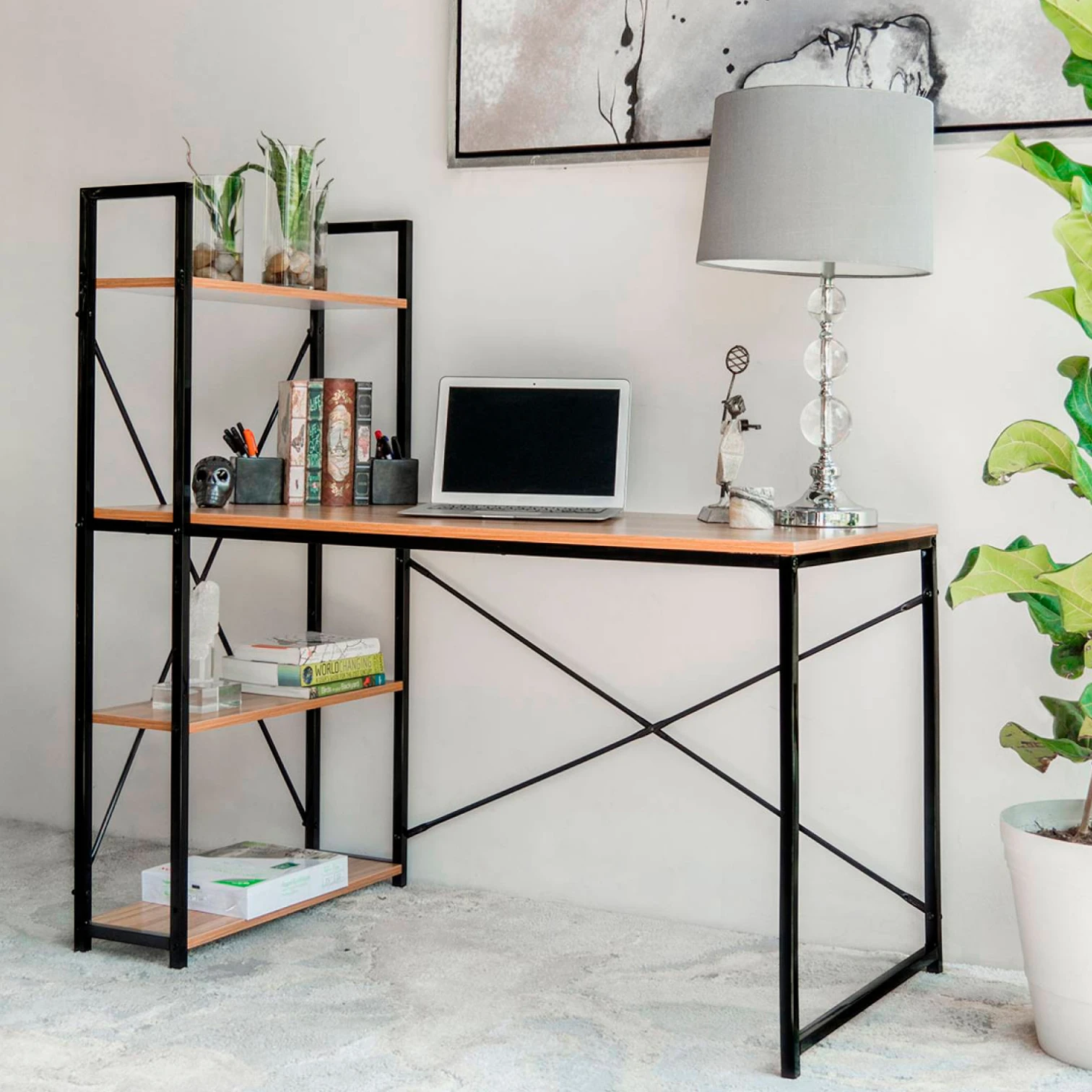 Escritorio Industrial Home Office con Repisas Oslo - Madera Clara