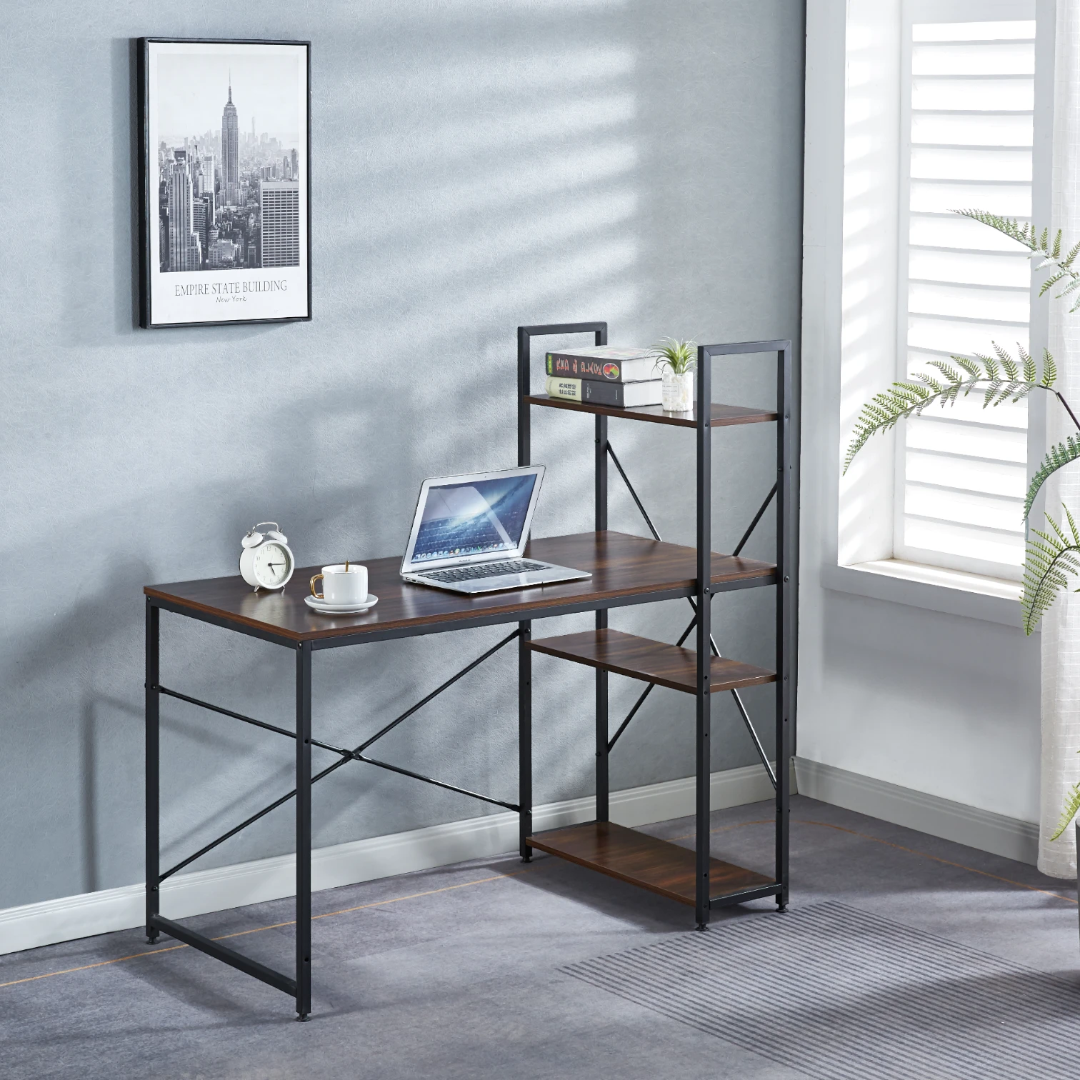 Escritorio Industrial Home Office con Repisas Oslo - Madera Oscura
