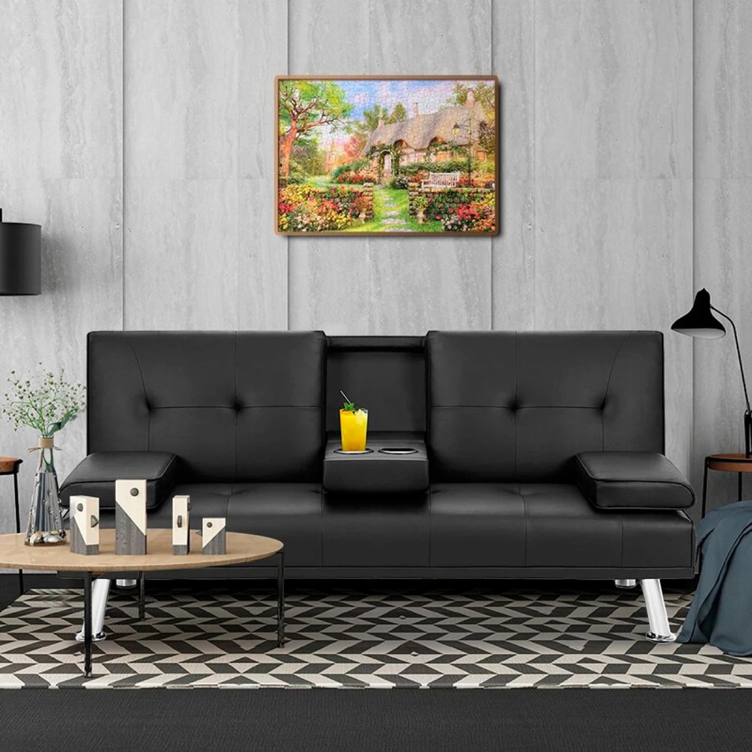 Futón Apoyabrazos 2 Cuerpos - Cuero Sintético Pu - negro