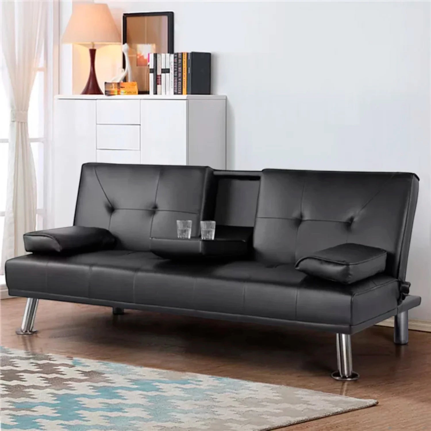 Futón Apoyabrazos 2 Cuerpos - Cuero Sintético Pu - negro