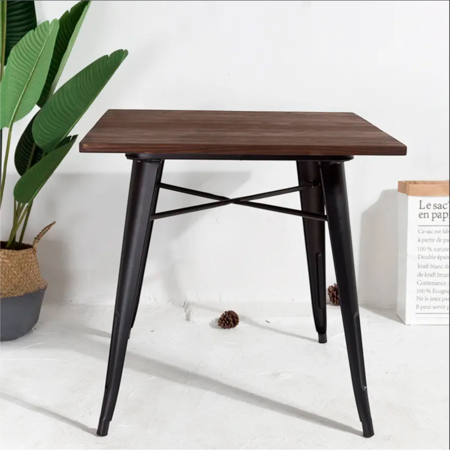 Mesa Tolix 80 x 80 cm con Cubierta de Madera - Negra