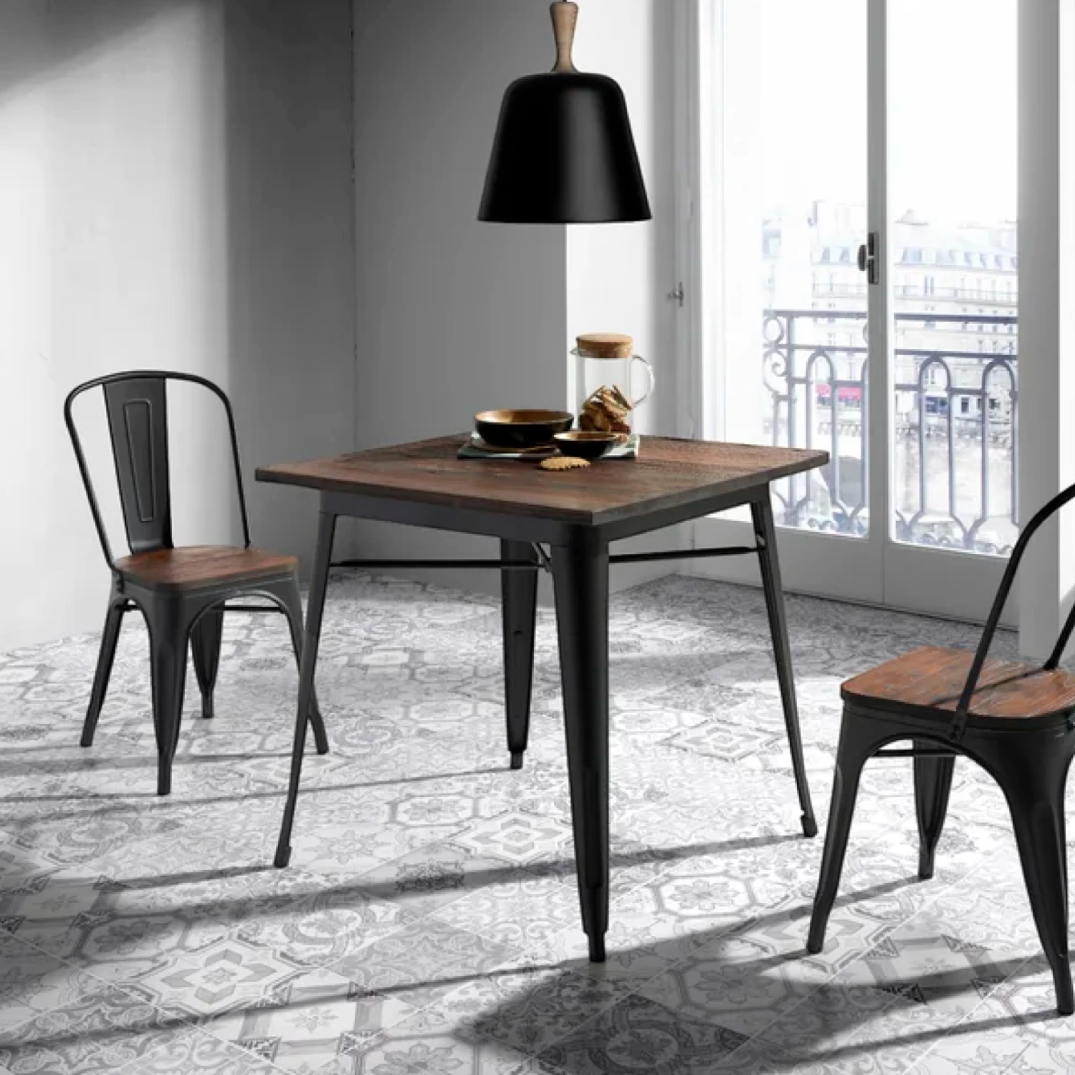 Mesa Tolix 80 x 80 cm con Cubierta de Madera - Negra