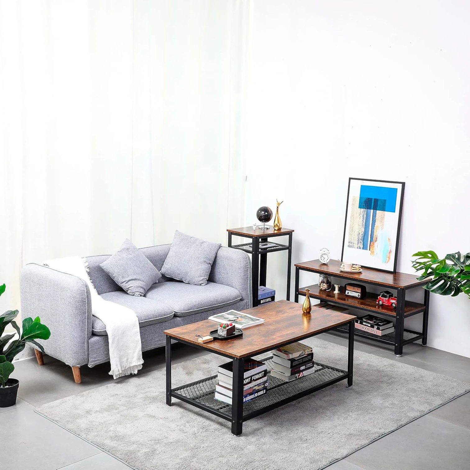 Mesa de Centro Metal Madera Enrejada 106 x 60 cm - Madera Oscura