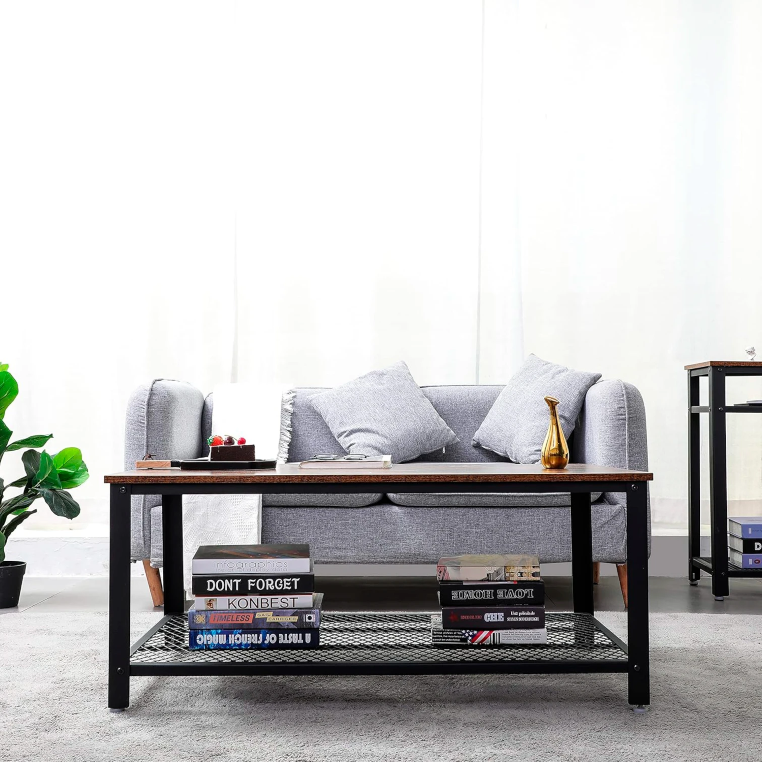 Mesa de Centro Metal Madera Enrejada 106 x 60 cm - Madera Oscura