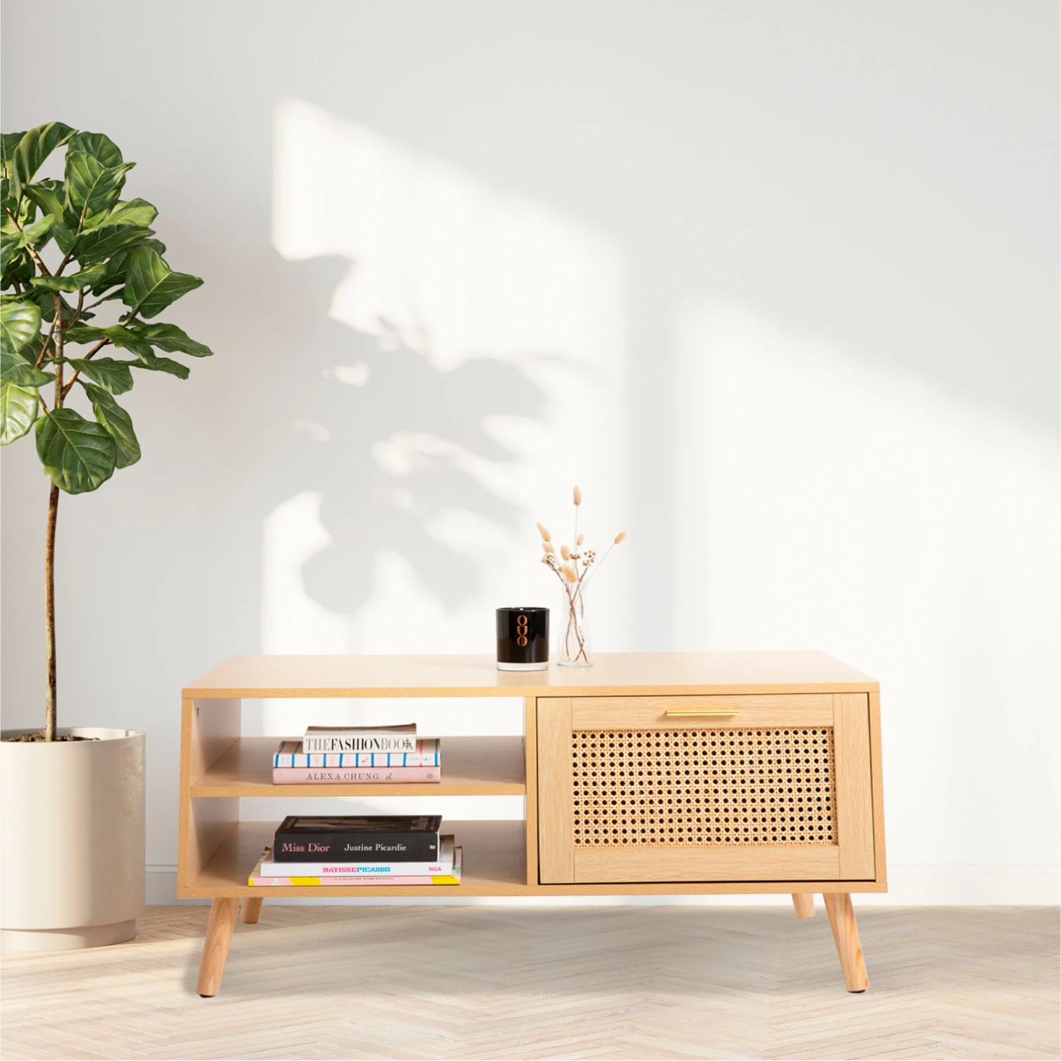 Mesa de Centro con rattan y madera