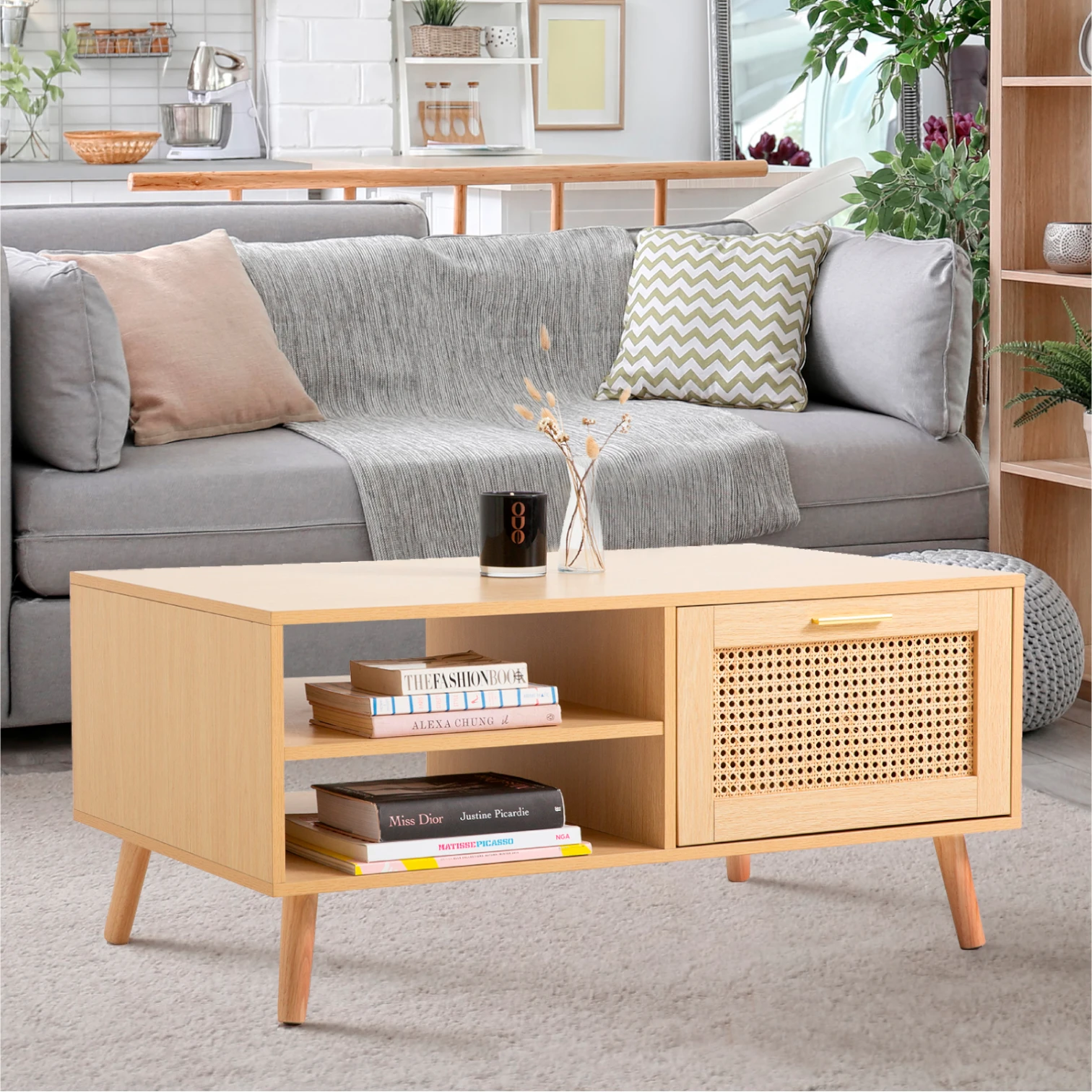 Mesa de Centro con rattan y madera
