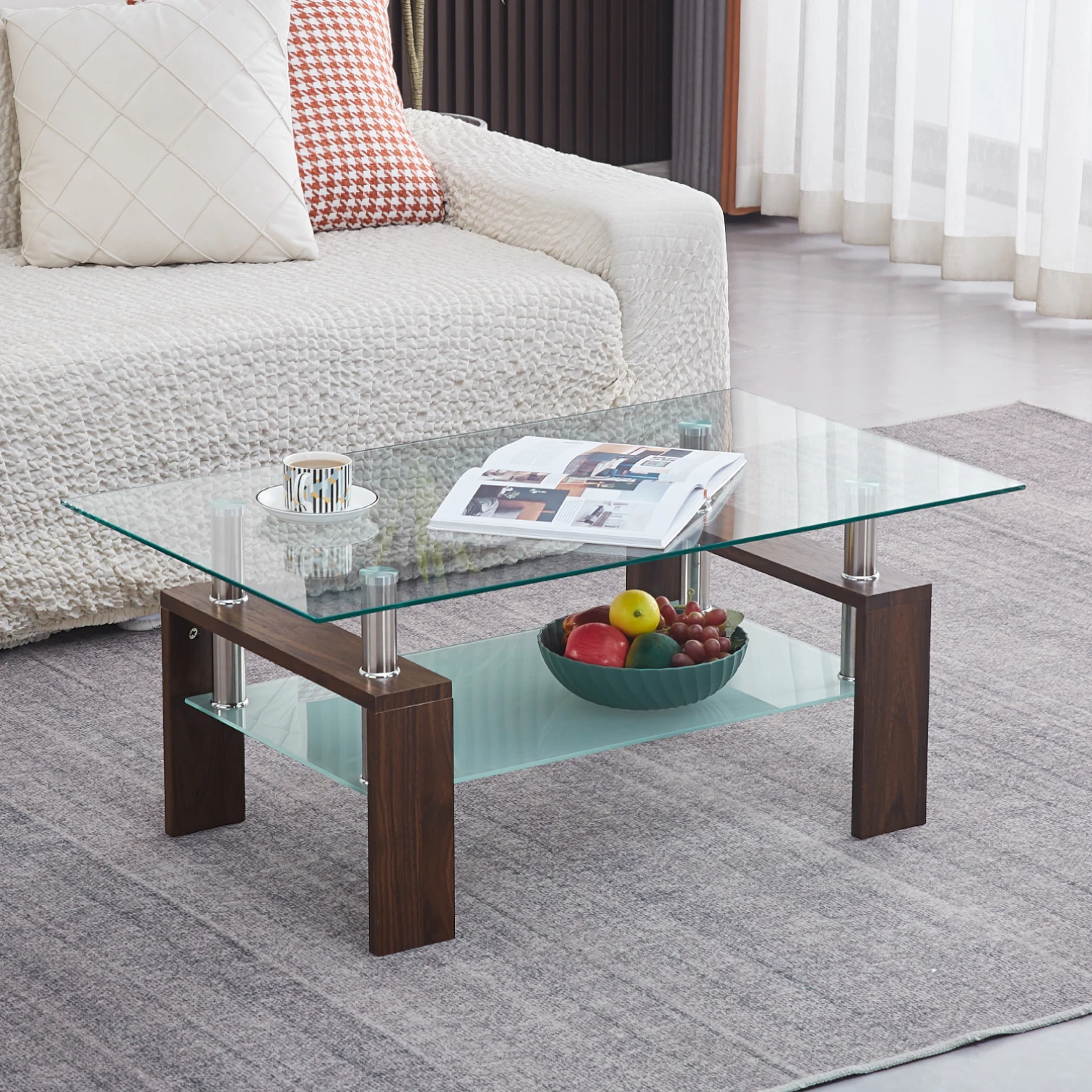 Mesa de Centro para Living Rectangular de Vidrio - Madera Oscura