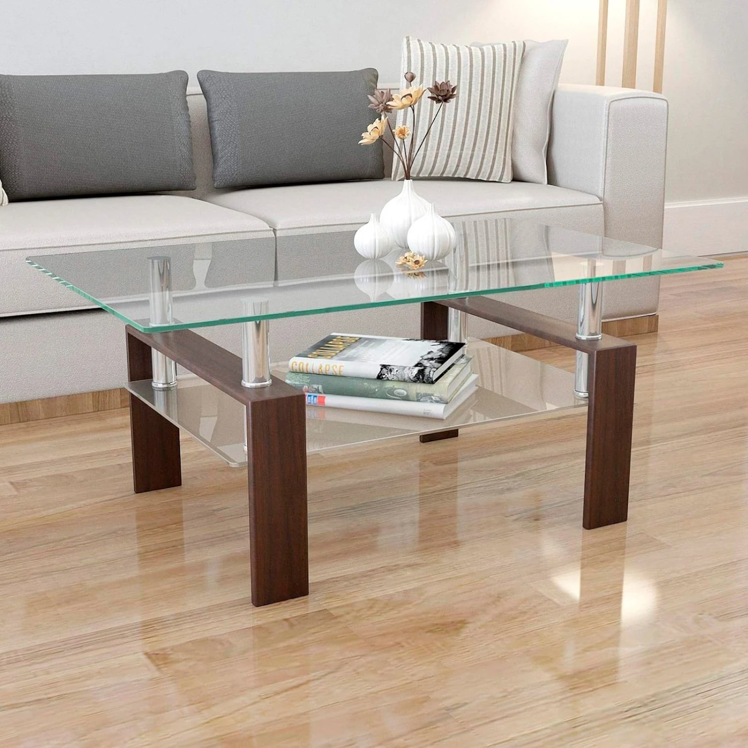Mesa de Centro para Living Rectangular de Vidrio - Madera Oscura