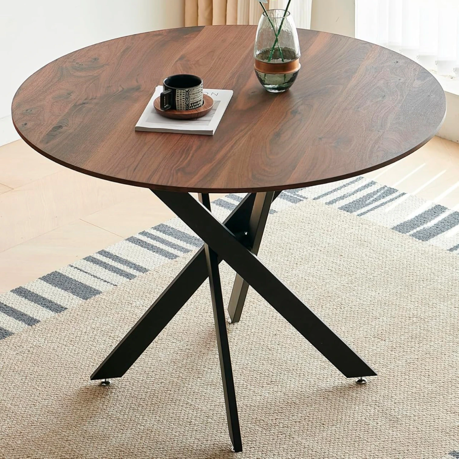 Mesa de Comedor Redonda 100 cm - Color Madera Oscura Enrejada