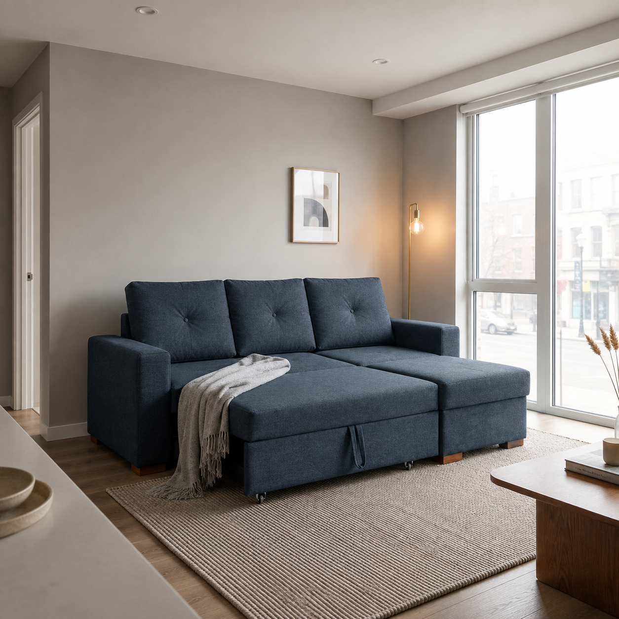 Sofá Cama Amelia Baúl Derecho - Tela Lino Finesse Gris Piedra