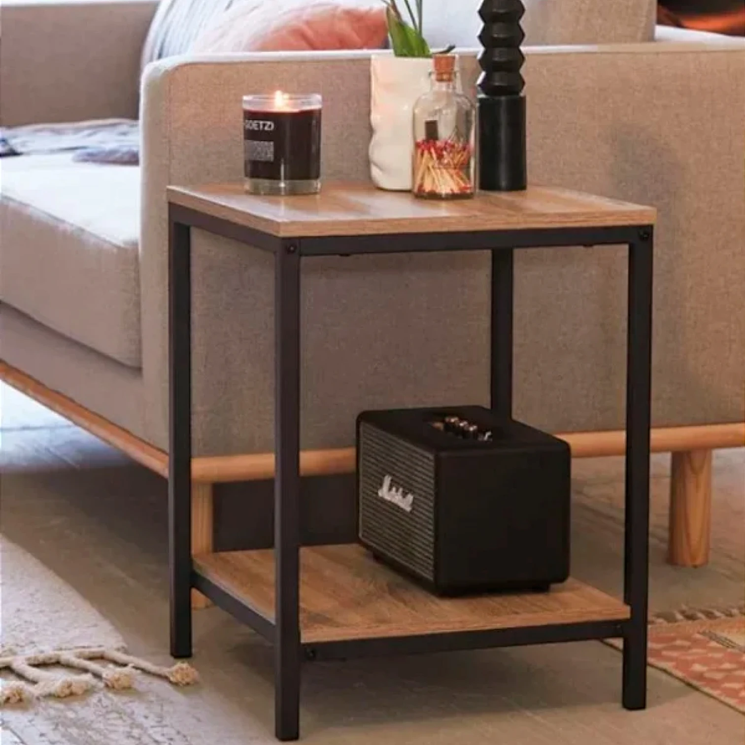 Velador Lateral de 2 Niveles - Madera Clara