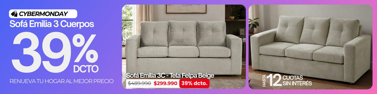 Banner Cyber Monday 2026 Sofá Emilia 3 Cuerpos Felpa Beige