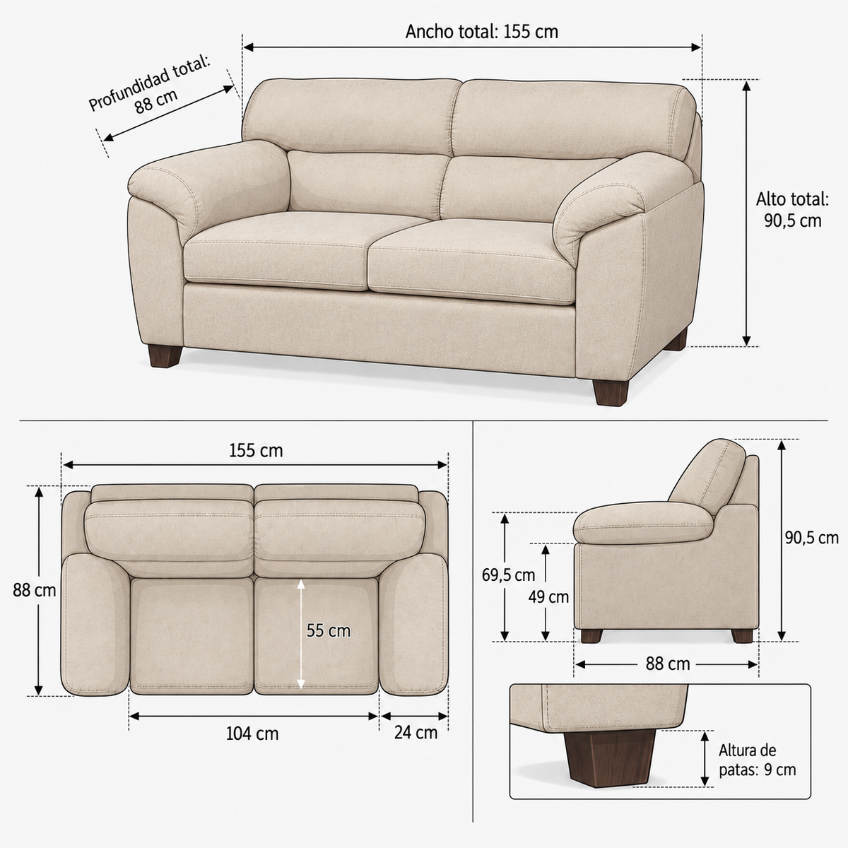 Ficha ilustrada de medidas del Sofá Ivannia 2 Cuerpos - Tela Lino Sidelli Beige | SKU 244140004