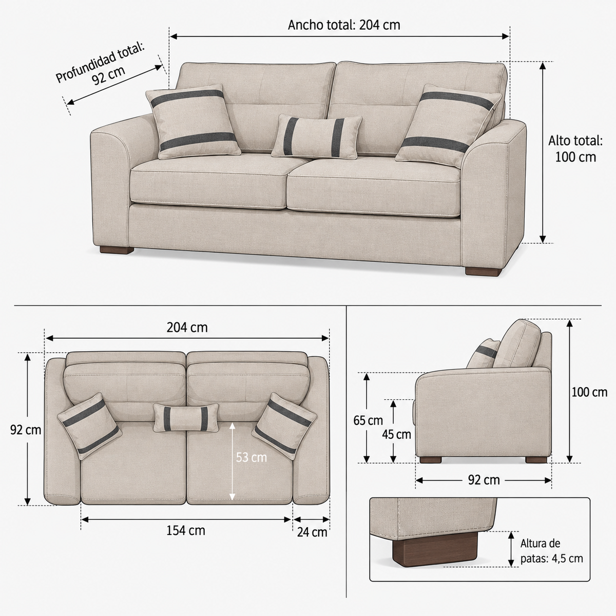 Ficha ilustrada de medidas del Sofá Monik 3 Cuerpos - Tela Lino Finesse Beige | SKU 244141005