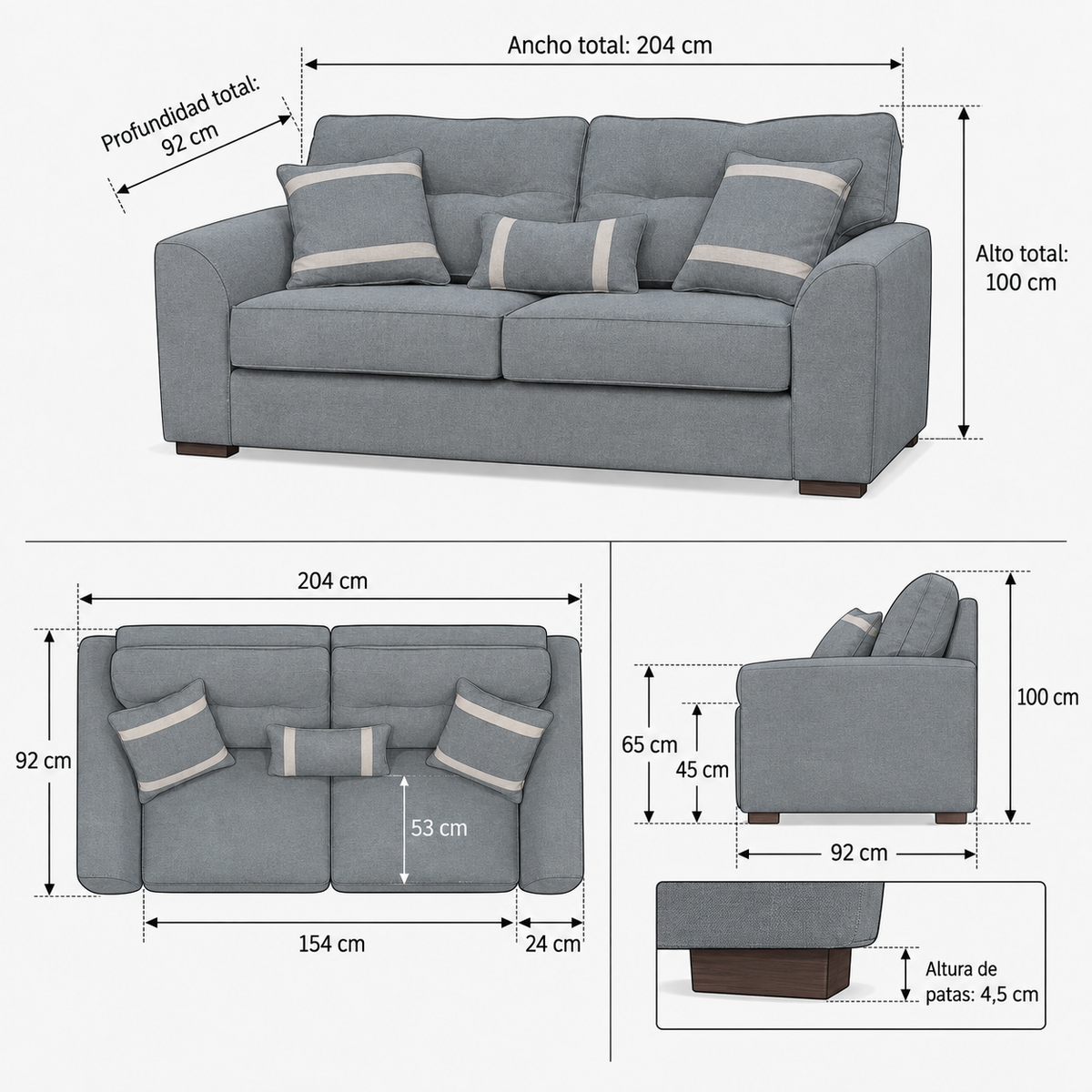 Ficha ilustrada de medidas del Sofá Monik 3 Cuerpos - Tela Lino Finesse Gris Neutro | SKU 244141008