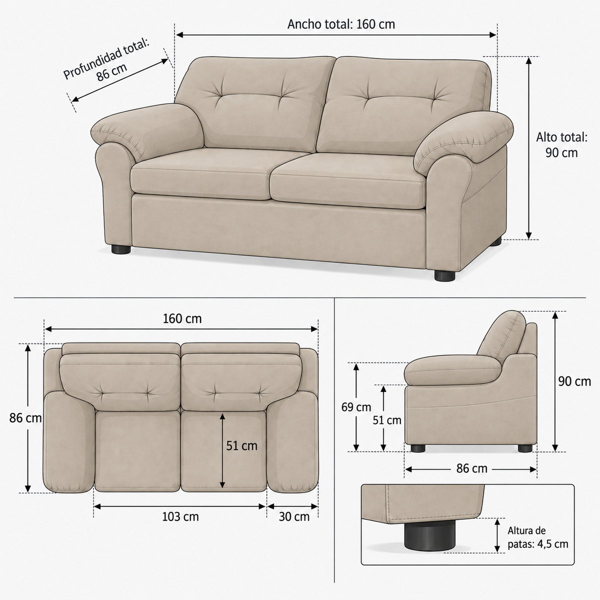 Ficha de medidas — Sofá América 2 Cuerpos - Tela Felpa Beige — SKU 335150003