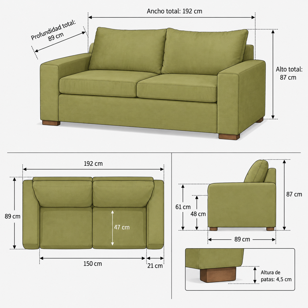 Ficha ilustrada de medidas — Sofá 3 Cuerpos Felpa Verde Olivo – Modelo Neo — SKU 445009009