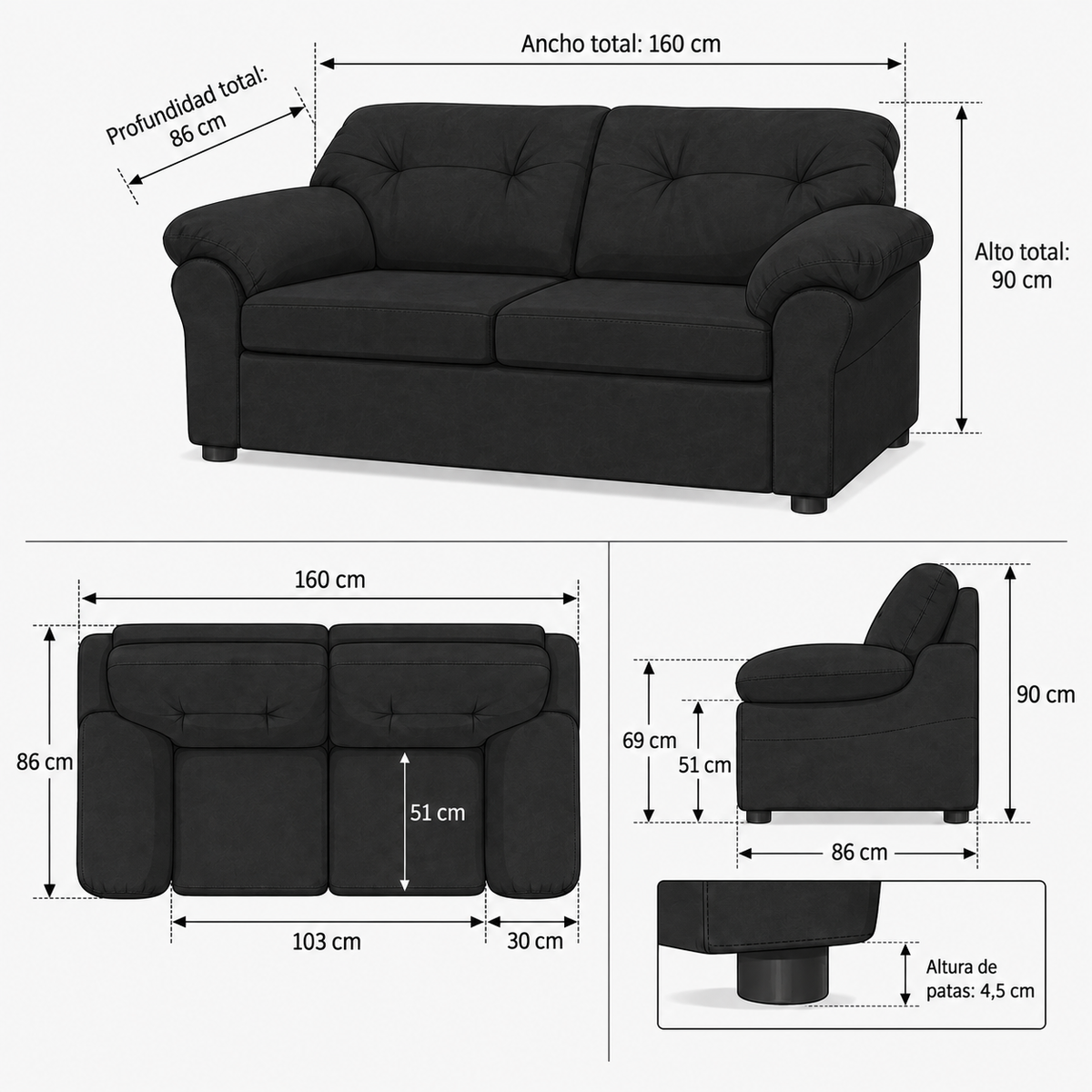 Ficha ilustrada de medidas — Sofá América 2 Cuerpos - Cuero Sintético Auris Negro — SKU 587291002