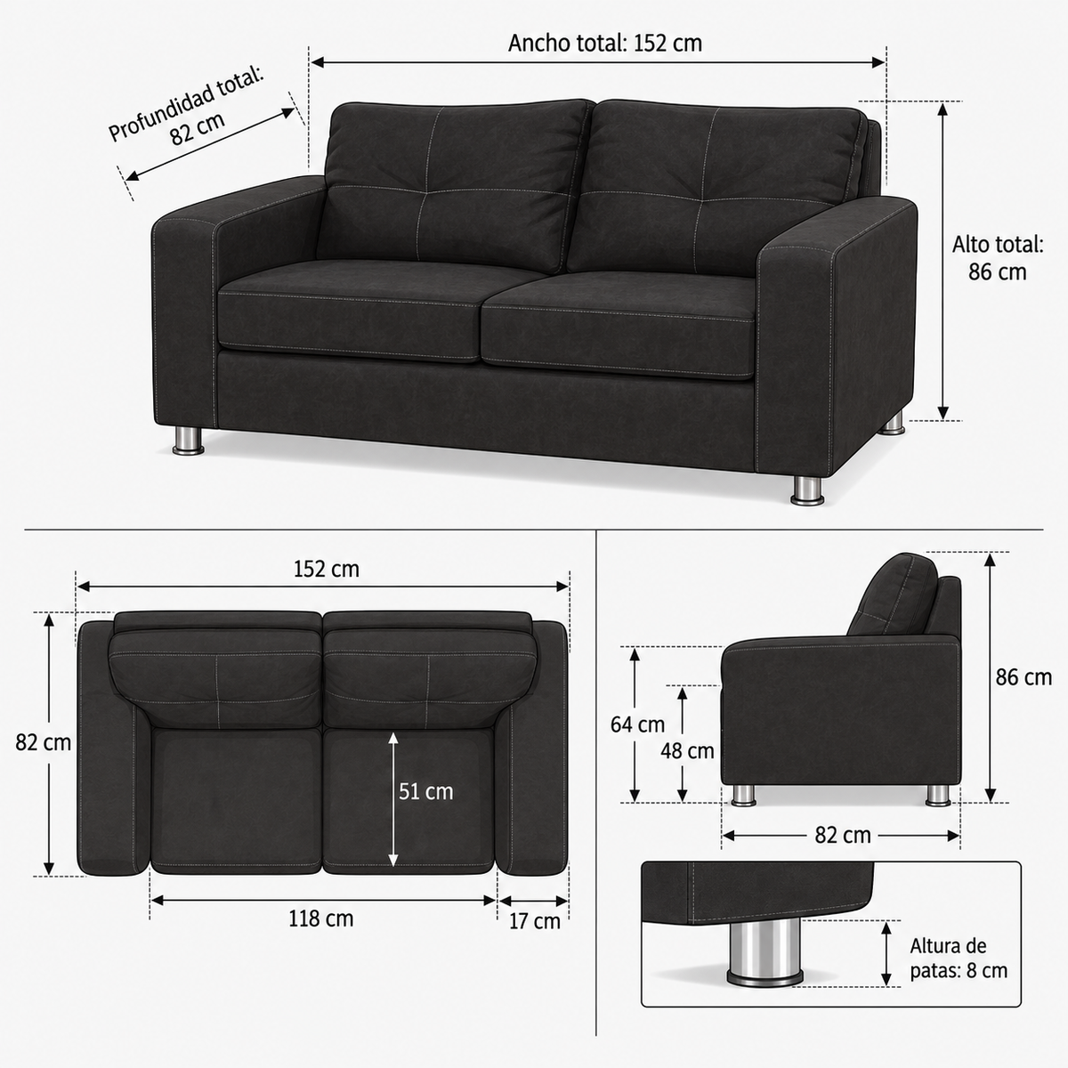 Ficha ilustrada de medidas — Sofá George 2 Cuerpos - Cuero Sintético Auris Negro — SKU 587344002