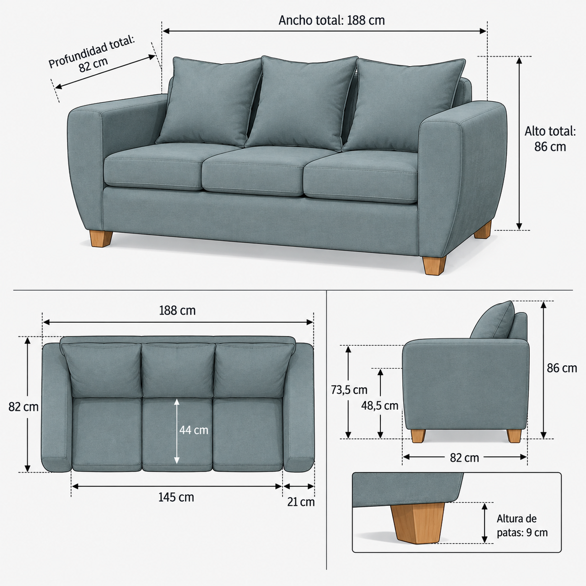 Ficha ilustrada de medidas del Sofá 3 Cuerpos Felpa Gris – Modelo Florencia | SKU 816575002