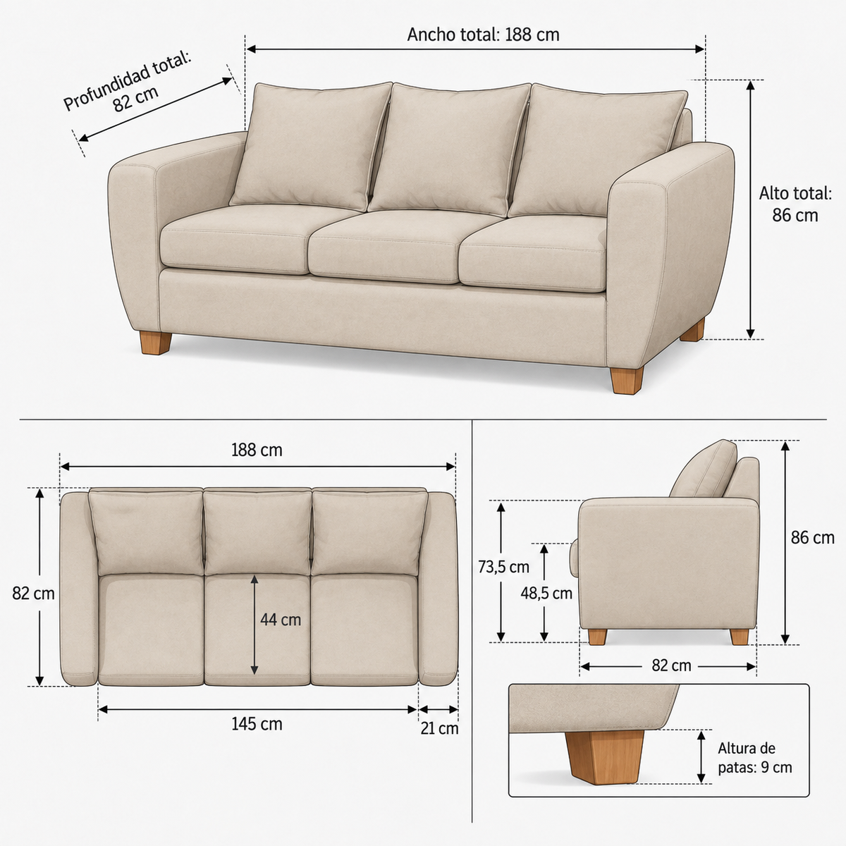 Ficha ilustrada de medidas del Sofá 3 Cuerpos Felpa Beige – Modelo Florencia | SKU 816575004