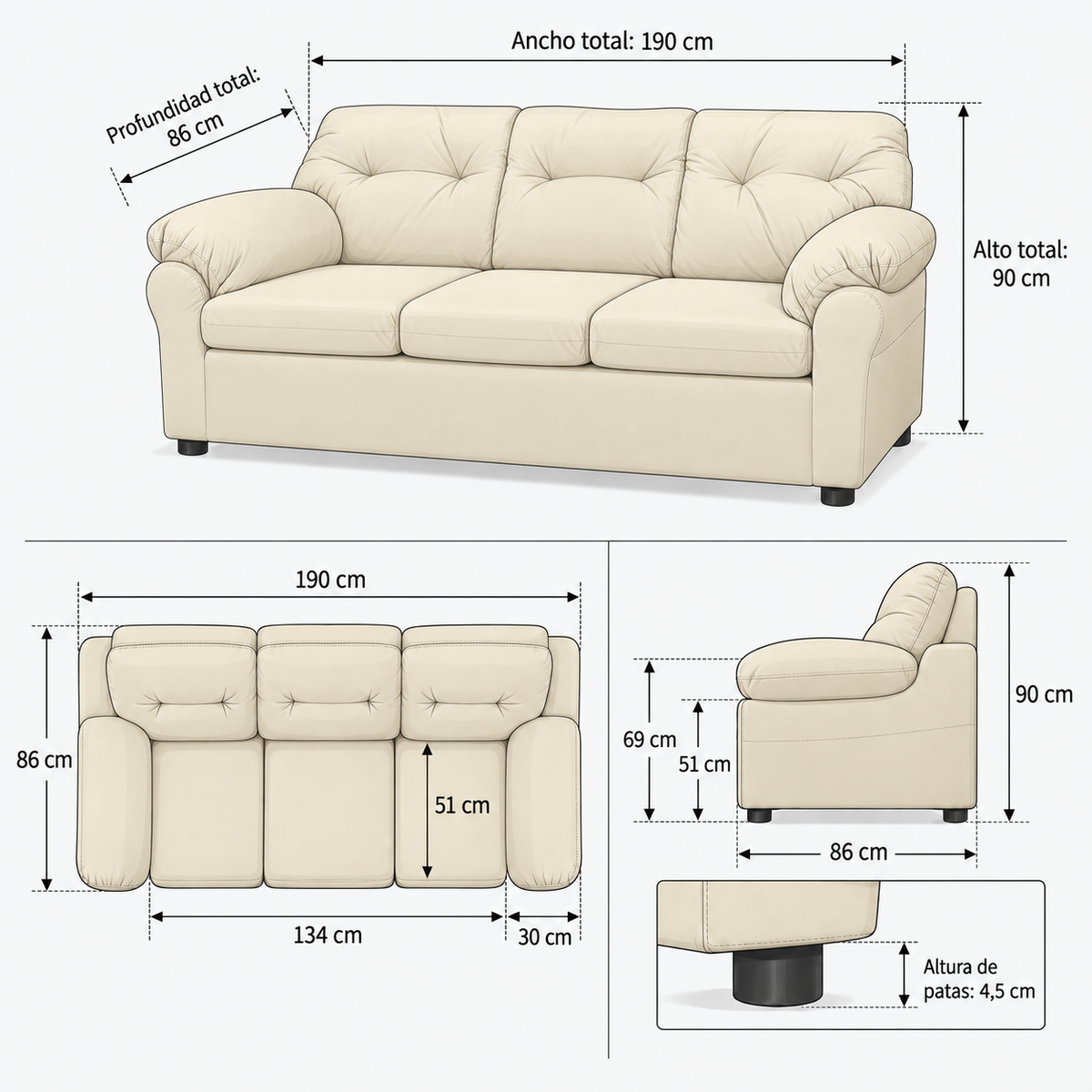 Ficha de medidas — Sofá 3 Cuerpos Cuero Sintético Beige – Modelo América — SKU 963907004