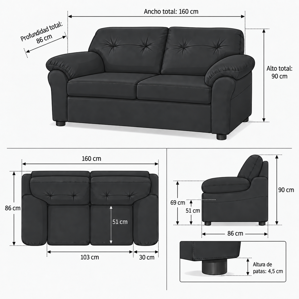 Ficha de medidas — Sofá América 2 Cuerpos - Cuero Sintético Pu Negro — SKU 963908002