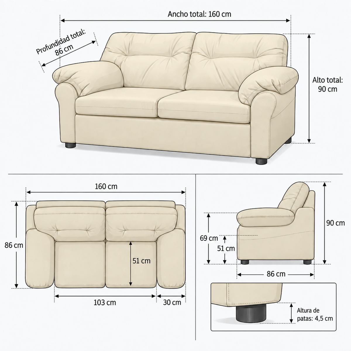 Ficha de medidas — Sofá América 2 Cuerpos - Cuero Sintético Pu Beige — SKU 963908004