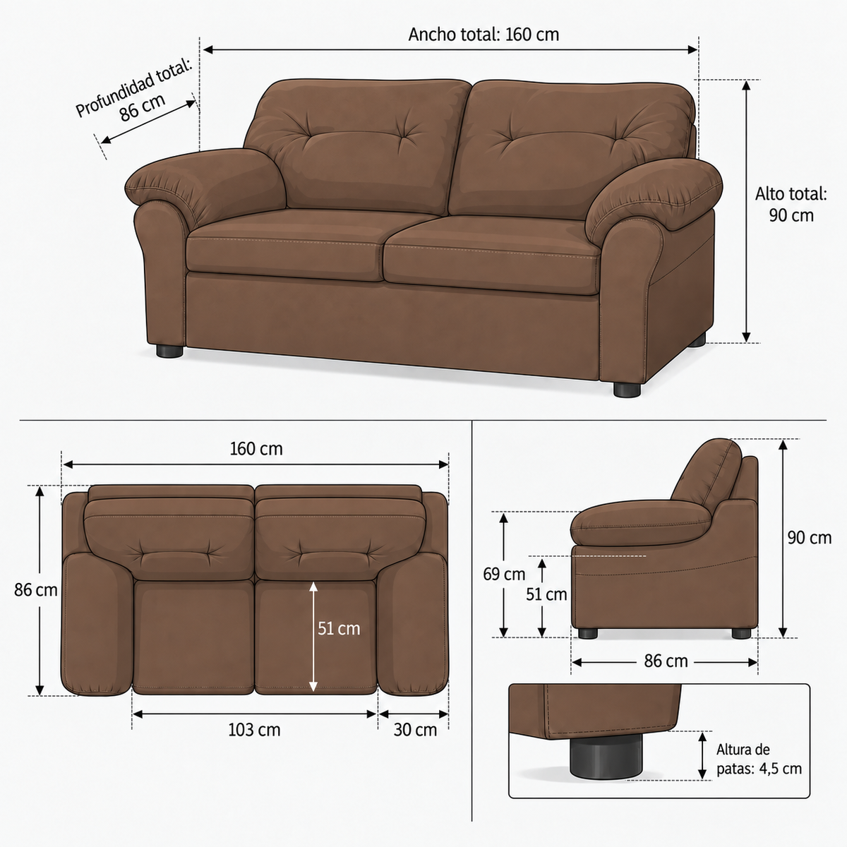 Ficha de medidas — Sofá 2 Cuerpos Cuero Sintético Caramelo – Modelo América — SKU 963908005