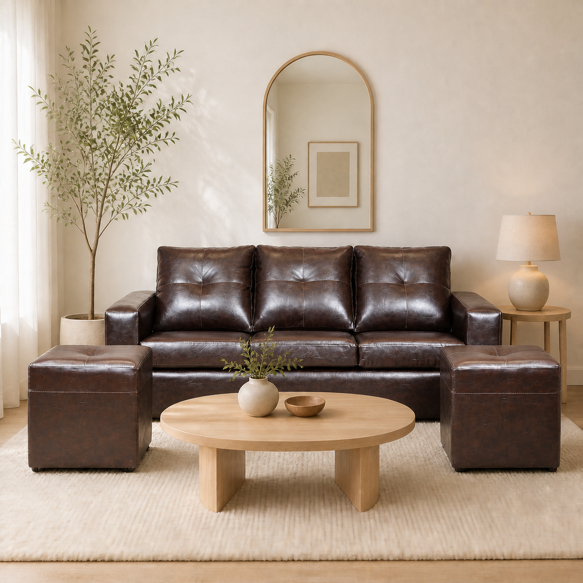 Living Emilia 3 Cuerpos Y 2 Poufs - Cuero Sintético Pu Café Moro - ambiente