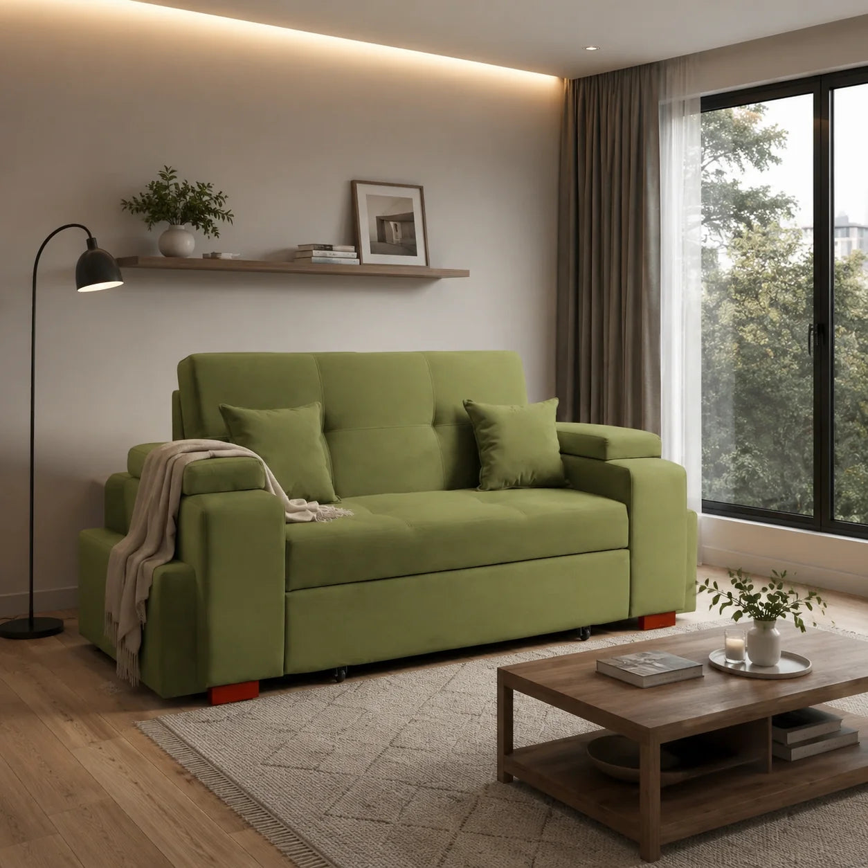 Sofá Cama Romeo - Tela Felpa Verde Musgo