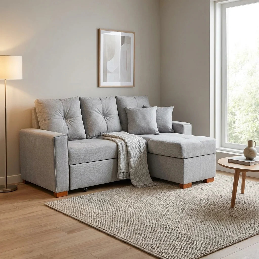 Sofá Cama Amelia Baúl Derecho - Tela Lino Finesse Gris Claro