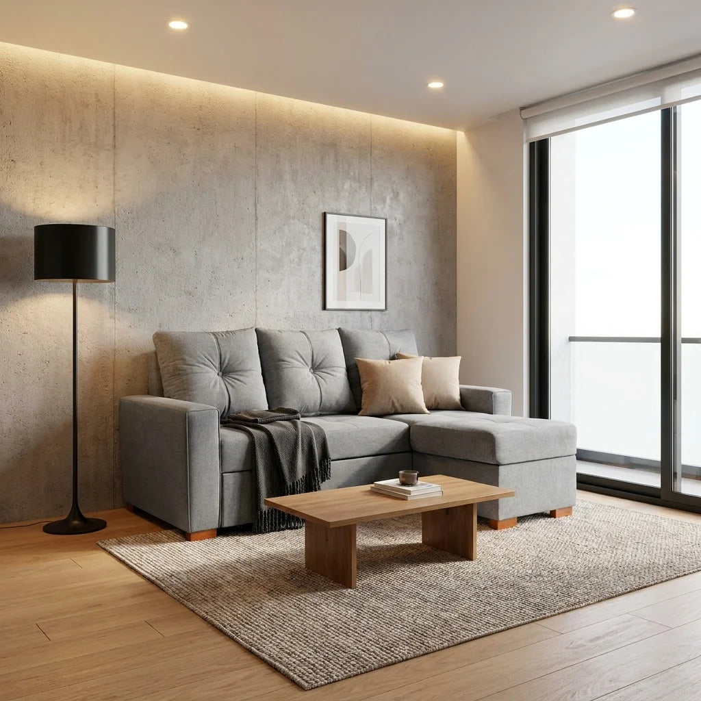 Sofá Cama Amelia Baúl Derecho - Tela Lino Finesse Gris Neutro