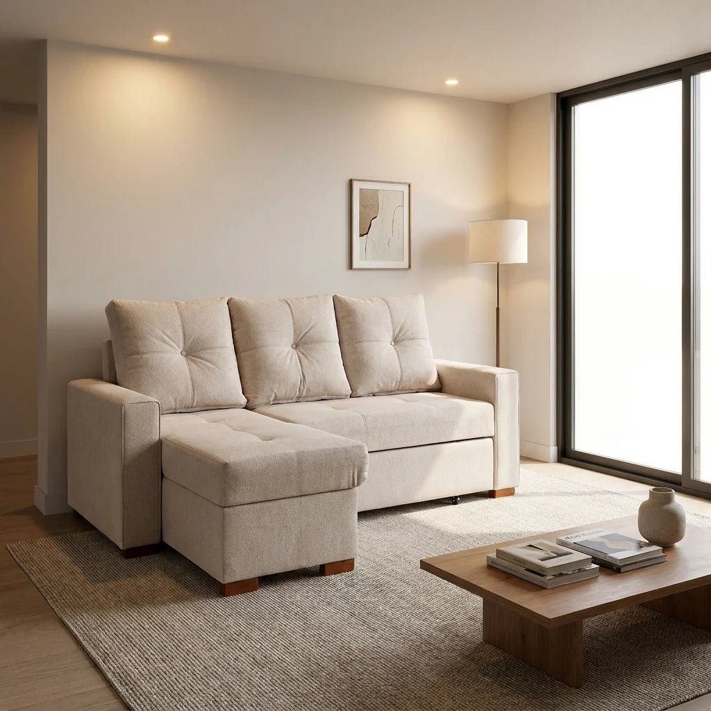 Sofá Cama Amelia Baúl Izquierdo - Tela Lino Finesse Beige