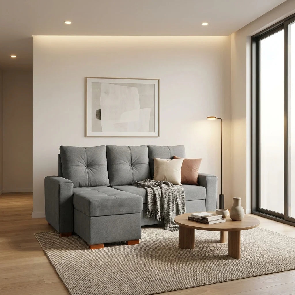 Sofá Cama Amelia Baúl Izquierdo - Tela Lino Finesse Gris Medio