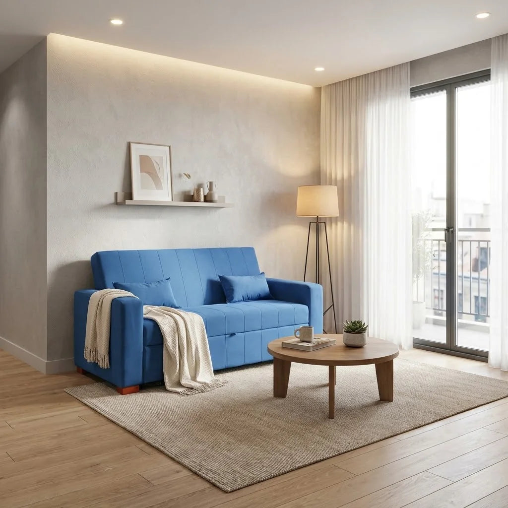 Sofá Cama Olivia - Tela Felpa Azul Petróleo