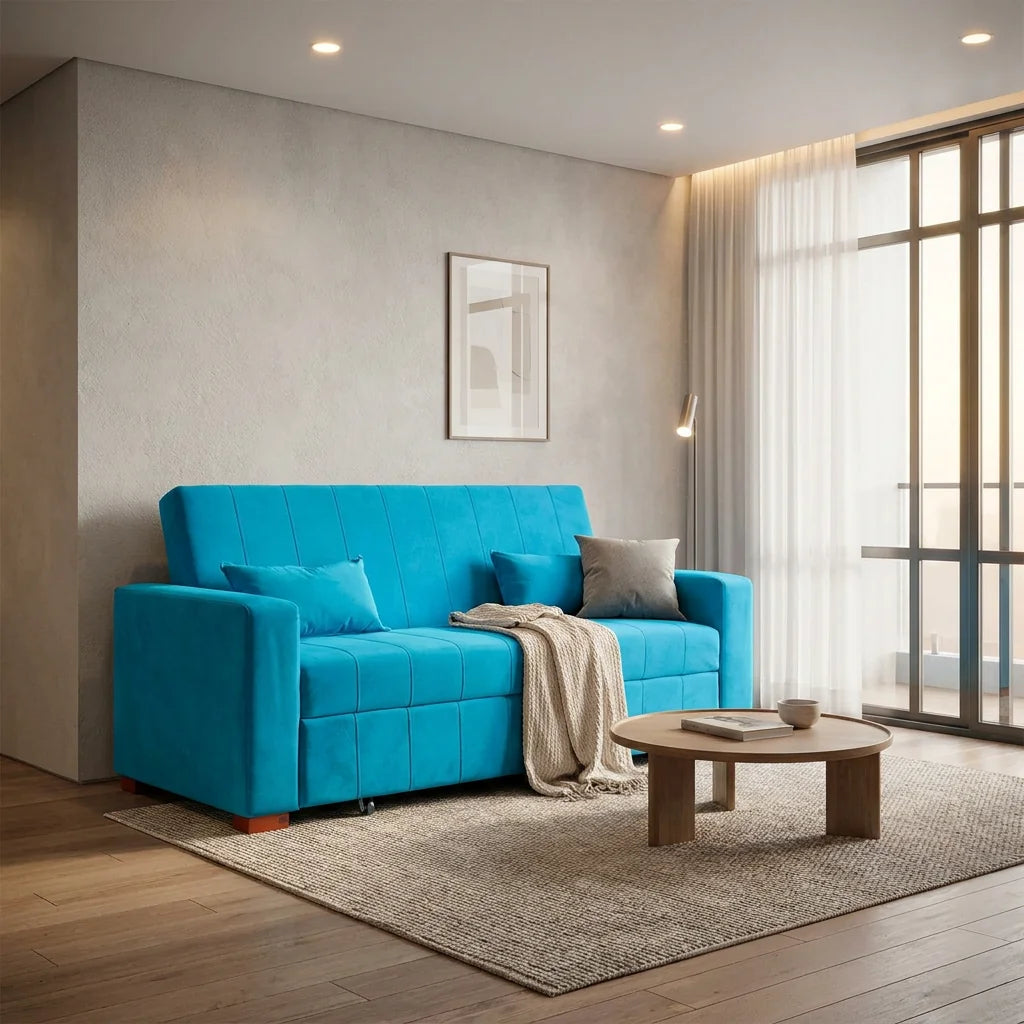 Sofá Cama Olivia - Tela Felpa Turquesa