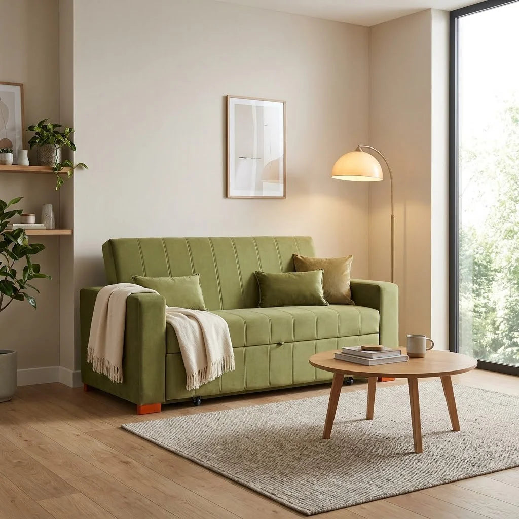 Sofá Cama Olivia - Tela Felpa Verde Musgo