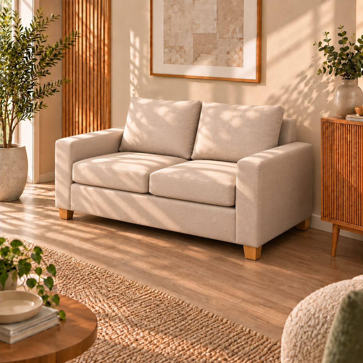 Sofá Magic 2 Cuerpos - Tela Lino Beige ambientado en living, vista en perspectiva