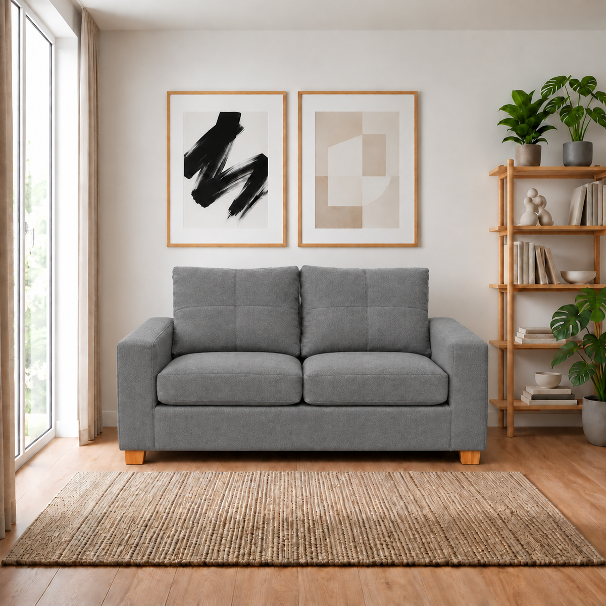 Sofá Magic 2 Cuerpos - Tela Lino Finesse Gris Medio ambientado en living, vista frontal