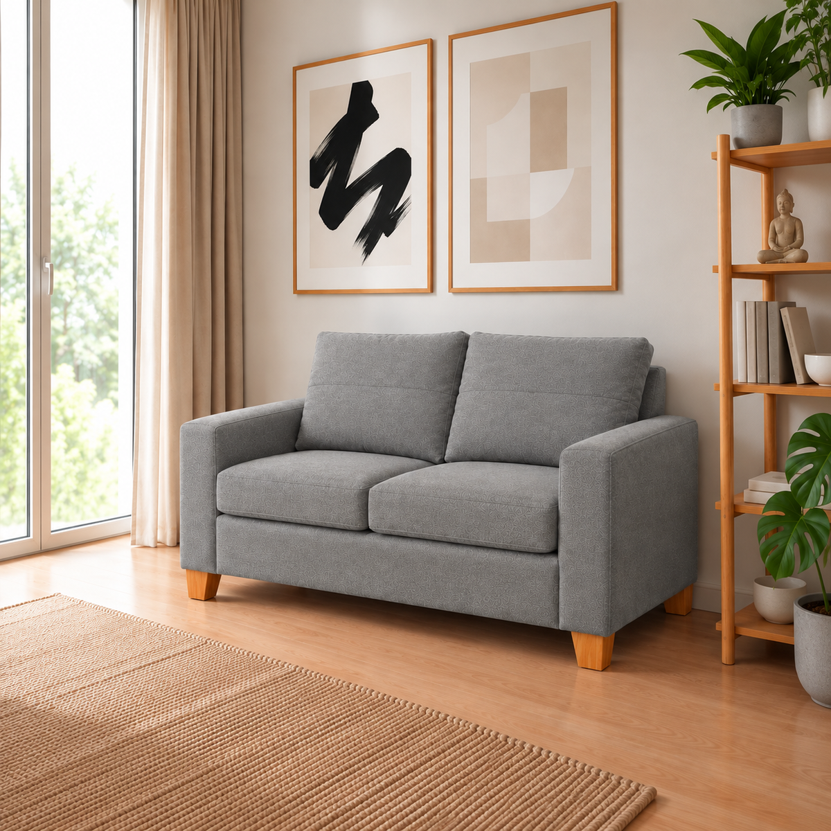 Sofá Magic 2 Cuerpos - Tela Lino Finesse Gris Neutro ambientado en living, vista en perspectiva