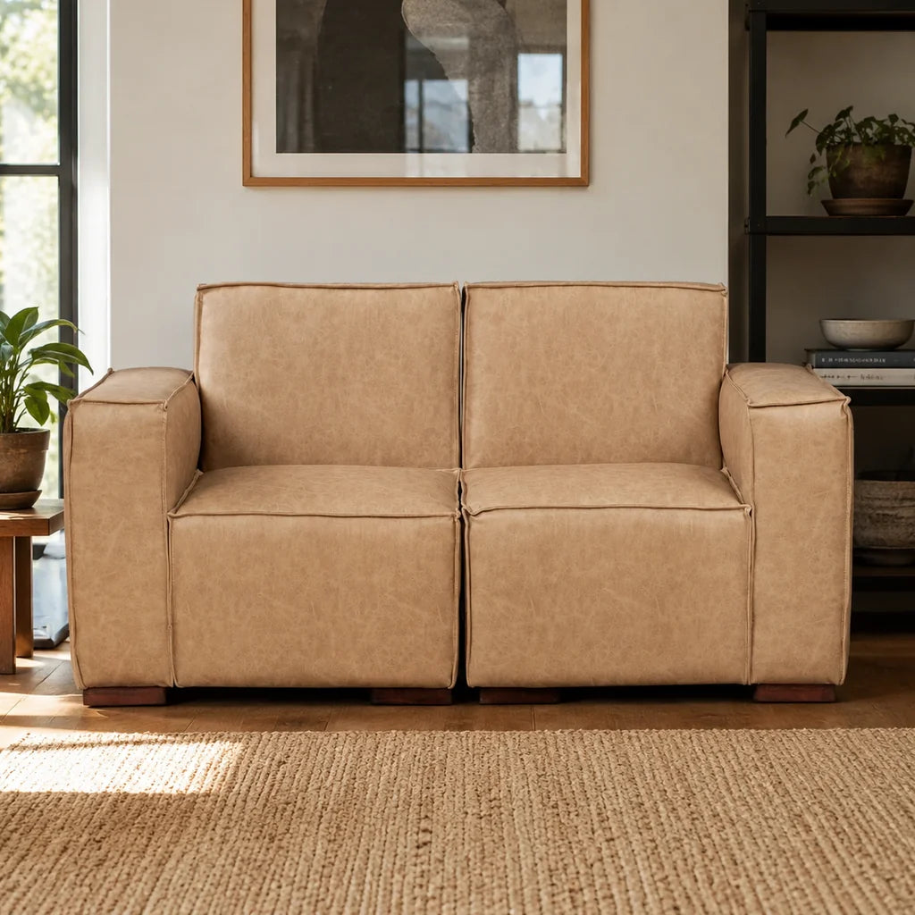 Sofá Modular 2 Cuerpos y 2 Poufs - Cuero Reconstituido Beige