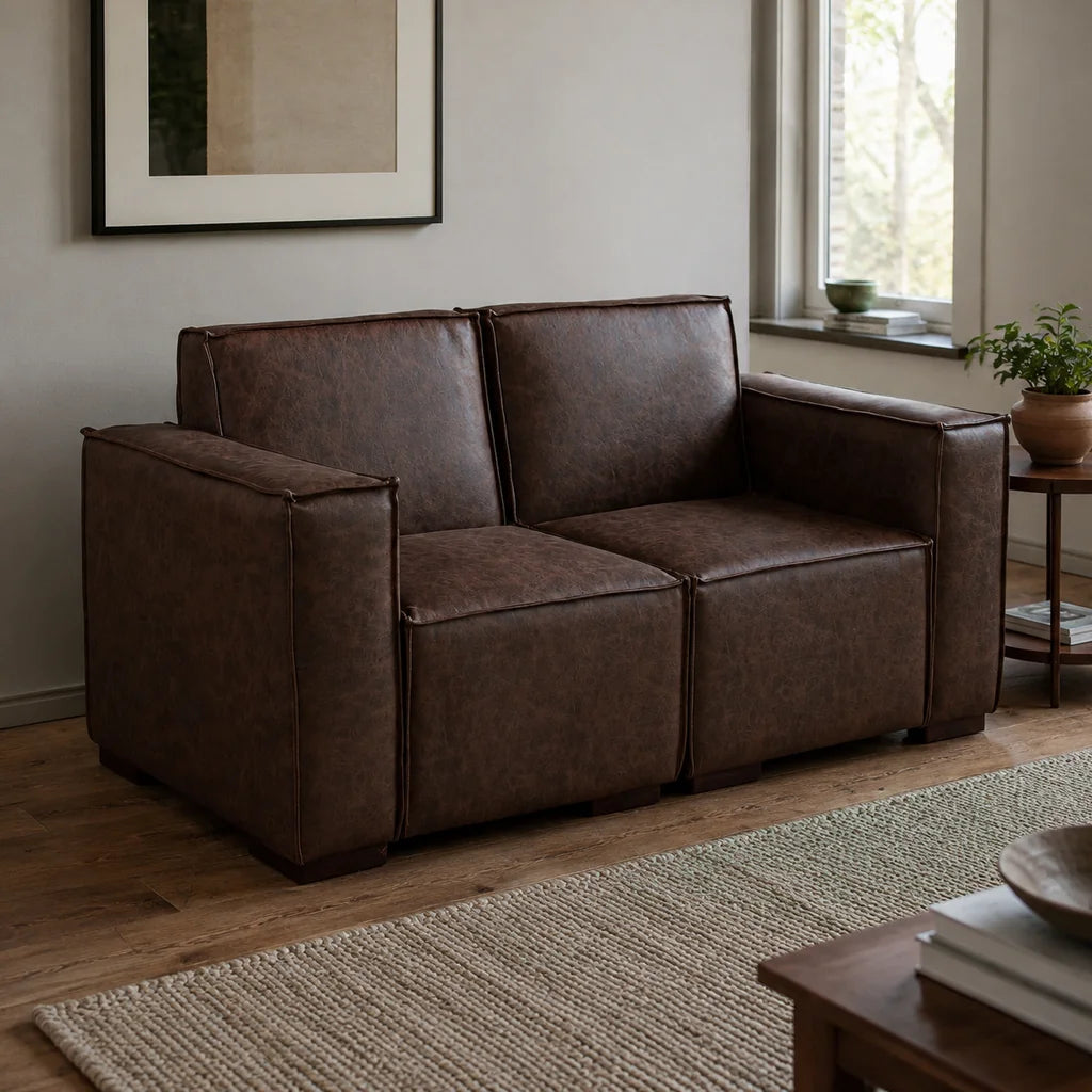 Sofá Modular 2 Cuerpos y 2 Poufs - Cuero Reconstituido Café