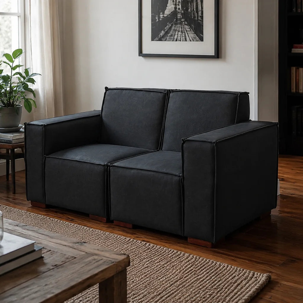Sofá Modular 2 Cuerpos y 2 Poufs - Cuero Reconstituido Negro