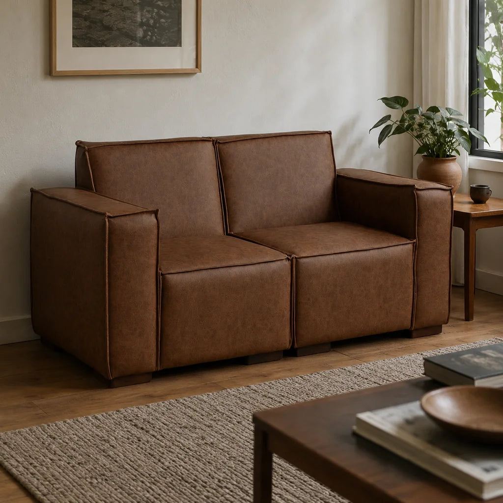 Sofá Modular 2 Cuerpos y 2 Poufs - Cuero Reconstituido Whisky