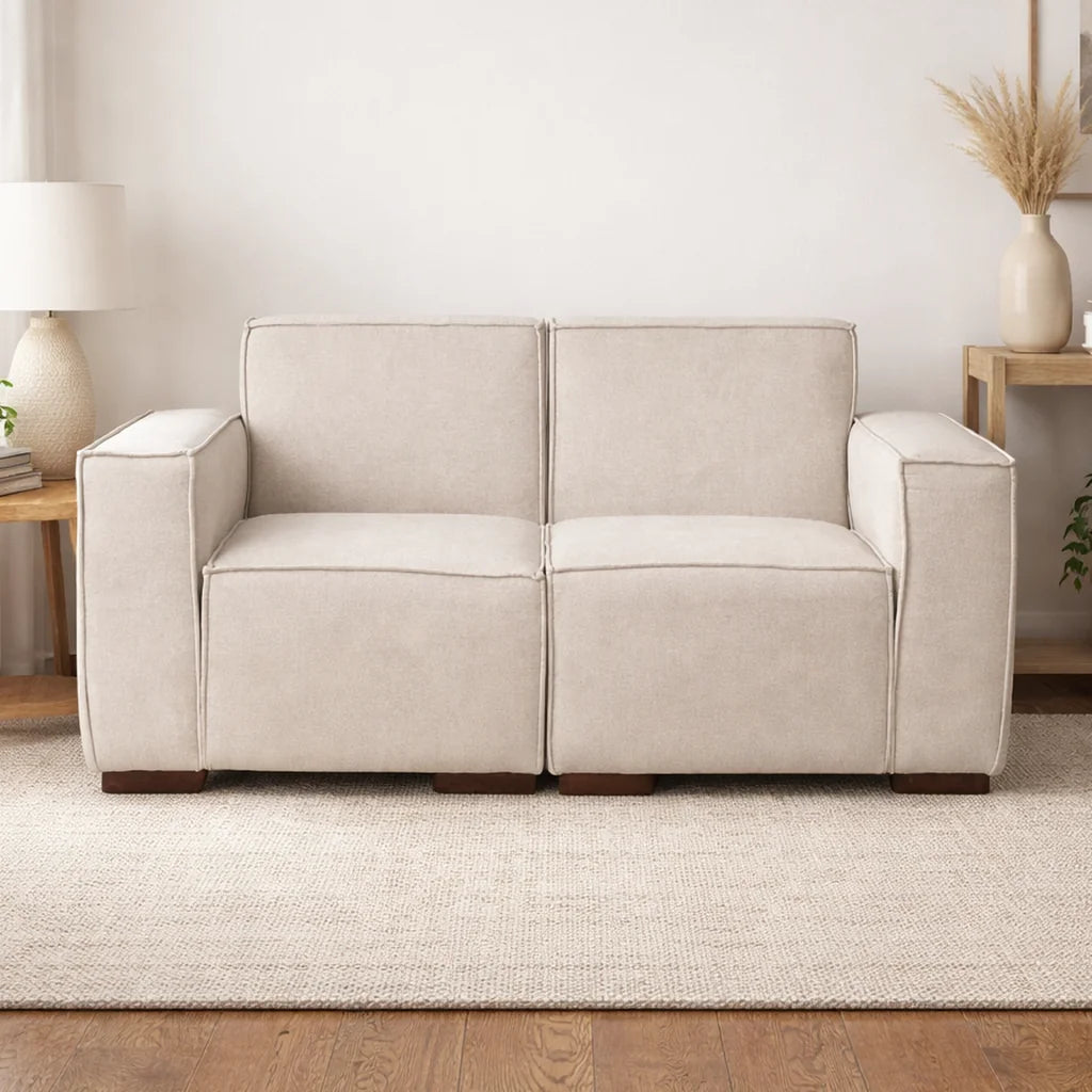 Sofá Modular 2 cuerpos y 2 Poufs - Tela Lino Finesse Beige