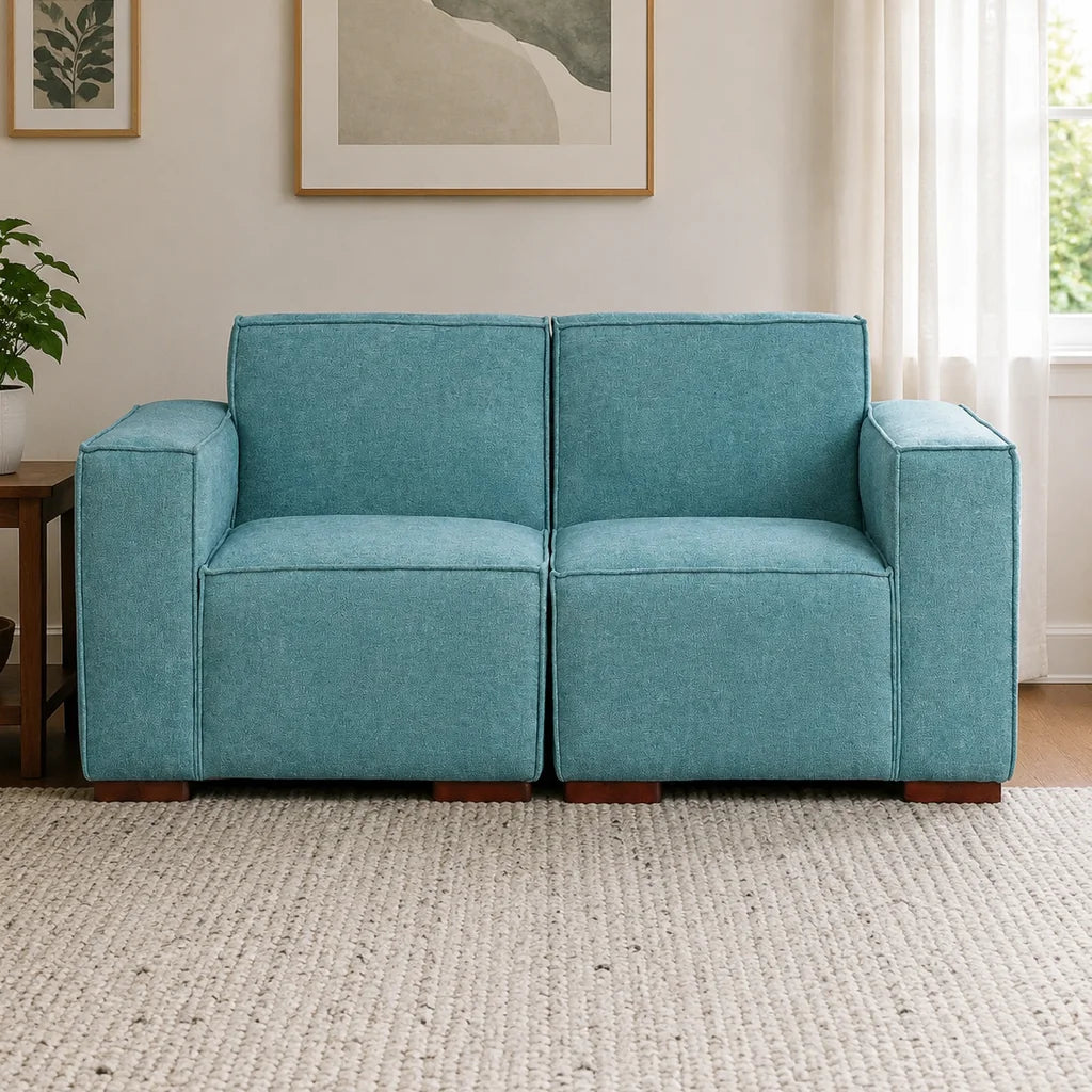 Sofá Modular 2 cuerpos y 2 Poufs - Tela Lino Finesse Verde Agua