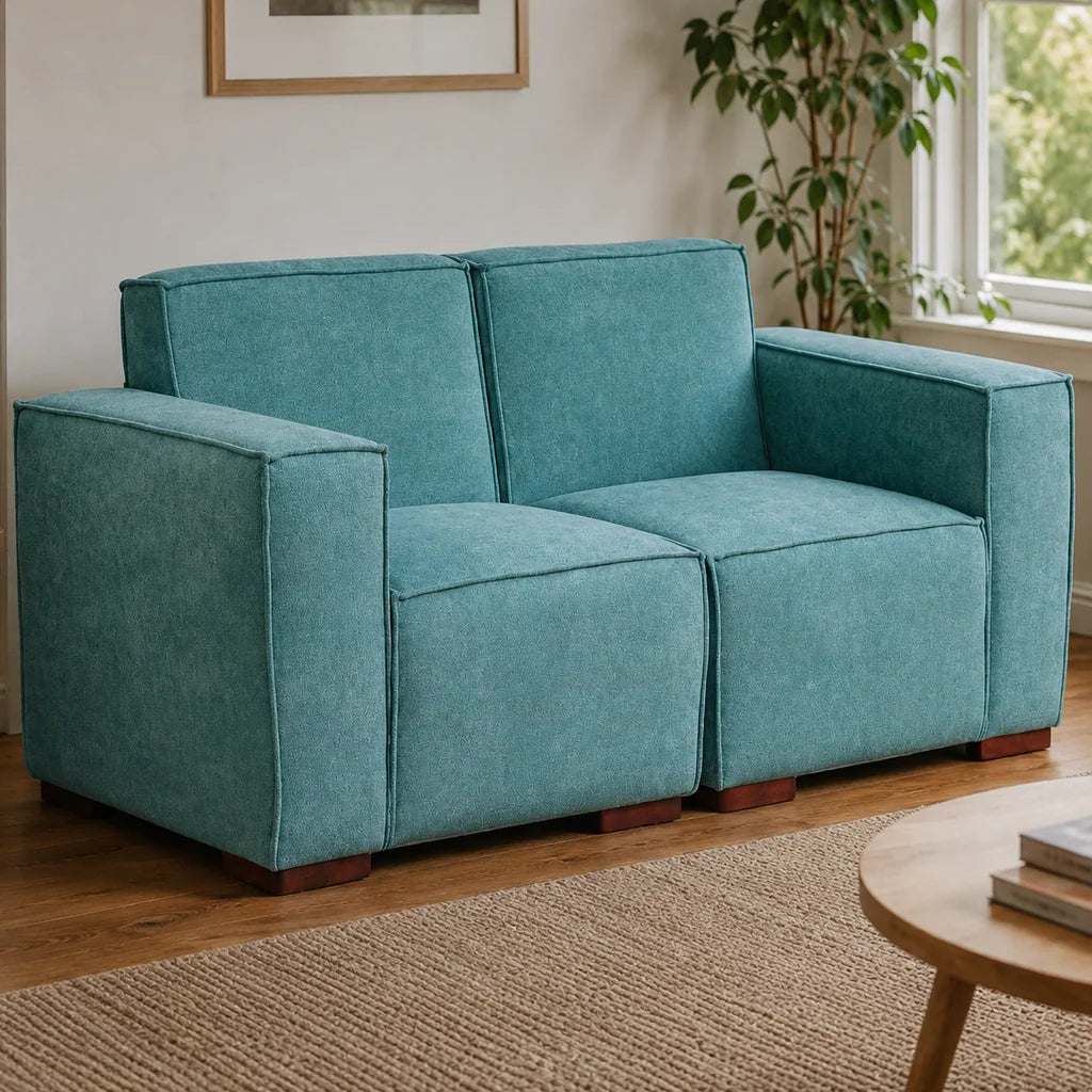 Sofá Modular 2 cuerpos y 2 Poufs - Tela Lino Finesse Verde Agua